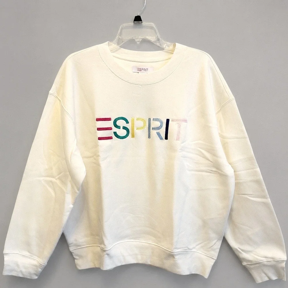 NWT Esprit Embroidered Logo Crewneck Sweatshirt M Cream Retro Viral 80s Costco - Picture 4 of 8